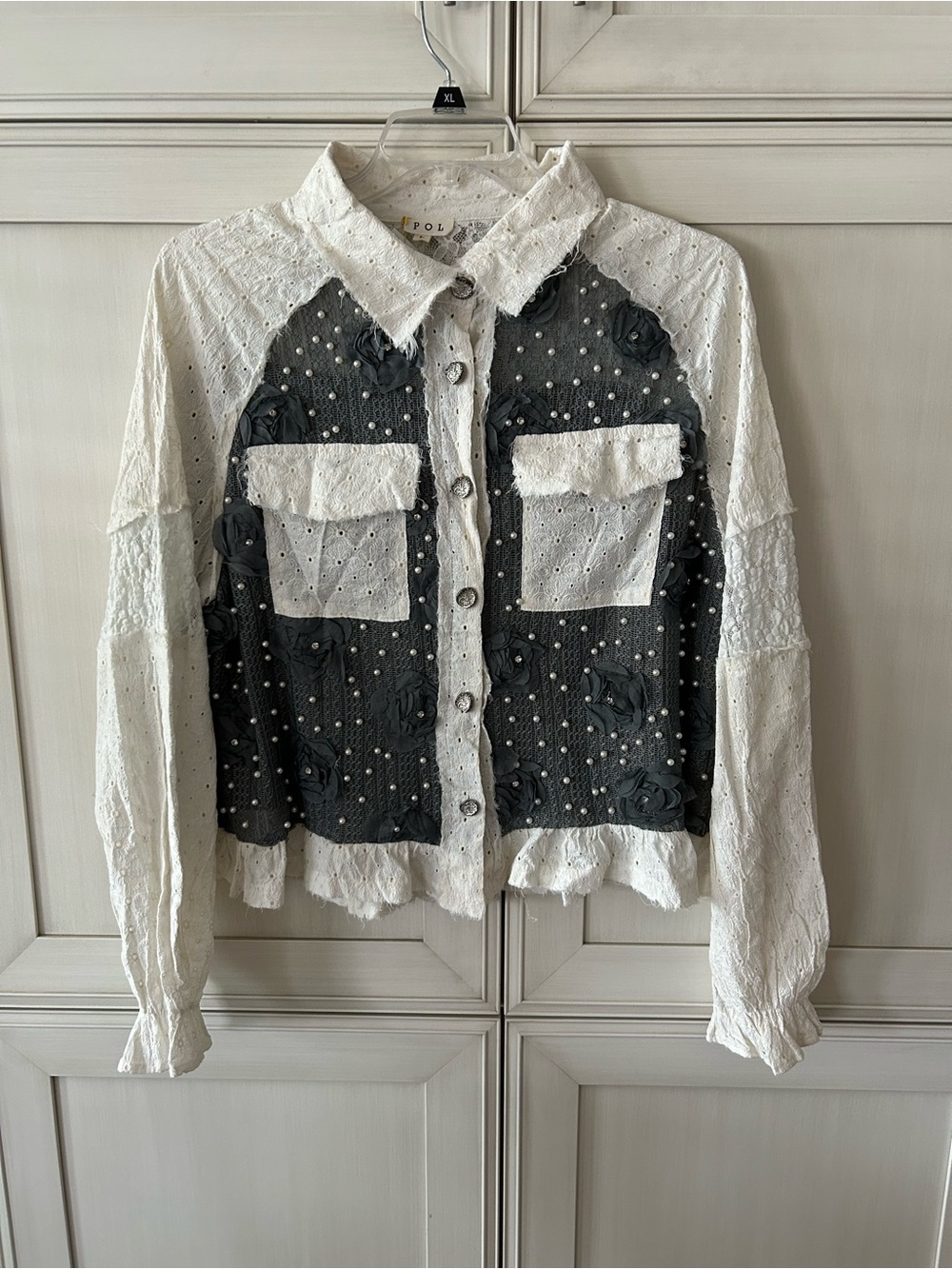 POL Black & White Eyelet Floral Appliqué and Pearl Button-Up Jacket